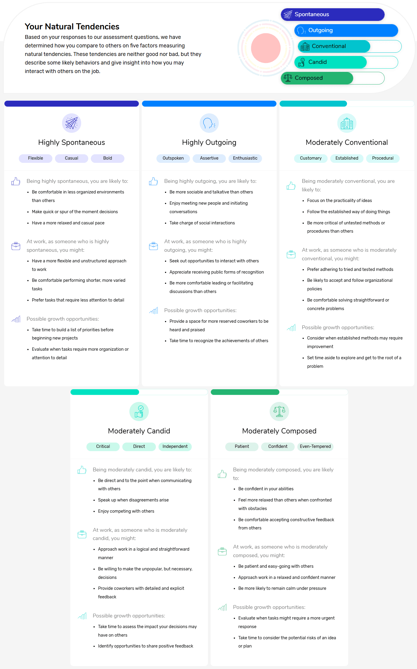 Highly Spontaneous, Highly Outgoing, Moderately Conventional, Moderately Candid, Moderately Composed